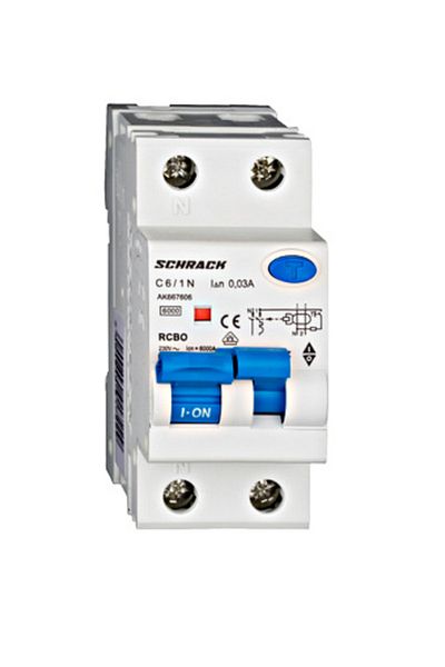 Eti RCBO residual current circuit breaker, 1P+N, 6A, 30mA, 6kA, curve C, type A, AMPARO, AK667606--, Schrack