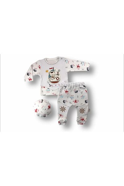 little stars 3-6 6-9 9-12 Months Little Pirate Embroidered Hat Long Sleeve Sweatshirt 3-Piece Girl-Boy Baby Set Ecru
