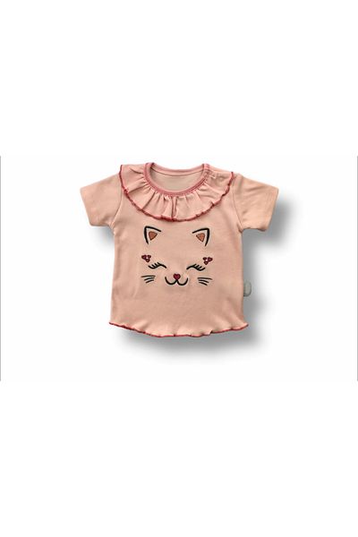little stars 6-9 9-12 12-18 Months Vip Cat Printed Bandana Short Sleeve Sweat 3-Piece Baby Girl Set Powder