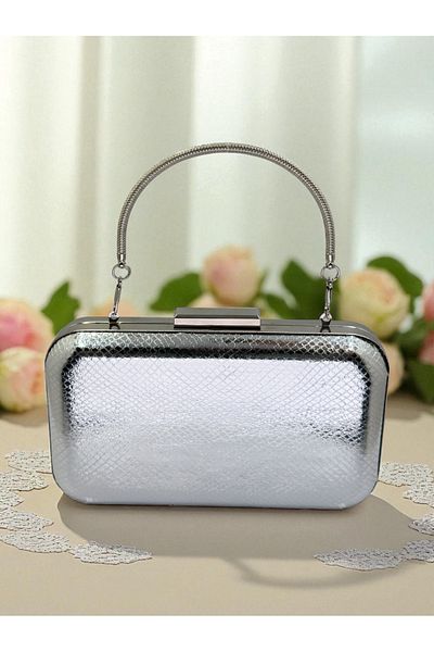 Biçanta Silver Gray Lame Color Snake Pattern Shiny Leather Women's Evening Dress Bag Wedding Engagement Graduation