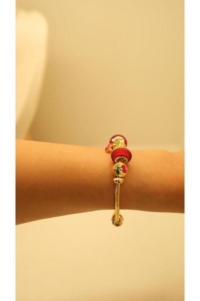 Jerie Gold Cherry and Red Charm Detailed Bracelet