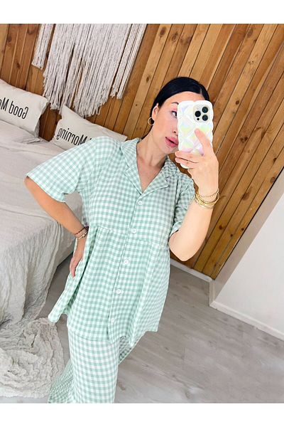 Pijamapartisi Gingham Patterned Burmese Fabric Pleated Maternity Maternity Pajamas Set