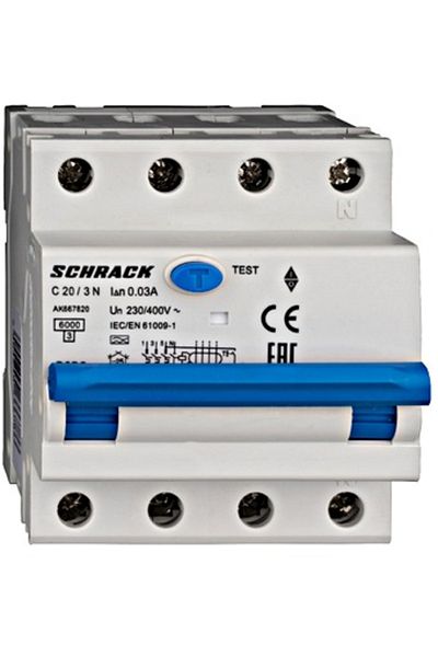 Eti RCBO residual current circuit breaker, 3P+N, 20A, 30mA, 6kA, curve C, type A, AMPARO, AK667820--, Schrack