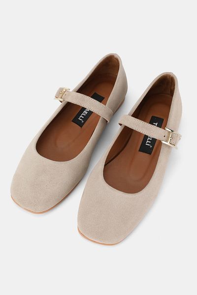 TUNAELLİ Women Beige Suede Khaki Natural Leather 35-41 Number Buckle Straped Ballet Flat