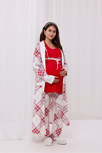 Yulem Homewear Cherry Plaid Patterned Cotton Maternity Maternity Pajama Set with Breastfeeding Feature 3-Piece Pajama Set