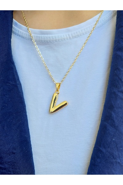 Alexis Carrel Kadın Altın Kaplama Bombeli V Harfli Kolye, Bubble Harf Kolye