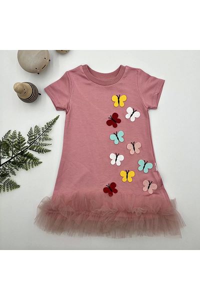 Shop58 1-2-3 Years Colorful Butterflies Embroidered Skirt Ruffled Gilet Children's Dress Rose Dusty