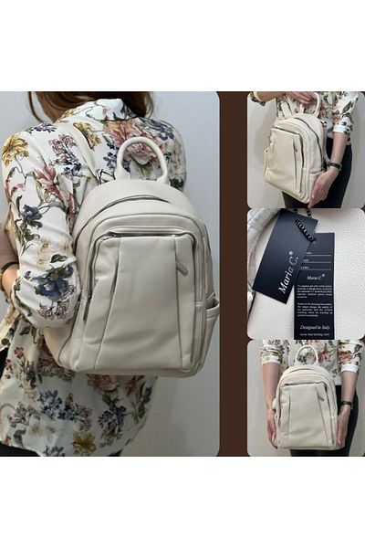 Micutz Women's backpack type Schoolbag MARIA C. ITALY, Ecological Leather, Ideal for school, college, travel, Cream