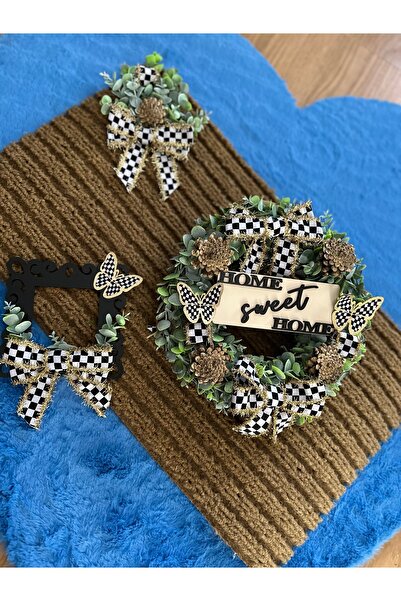 Marrone | Home Sweet Home Kapı Süsü, Priz Çerçevesi ve Paspas Takımı | Siyah Beyaz Desenli Dekoratif Set”