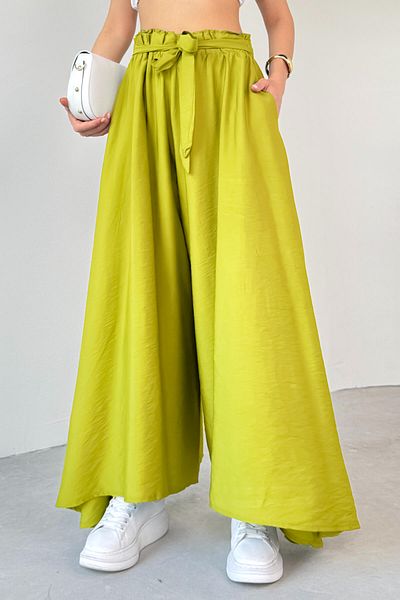 Cappmoda Pnt-07410 Pistachio Green Blue Woven Belted Shalwar Skirt Trousers