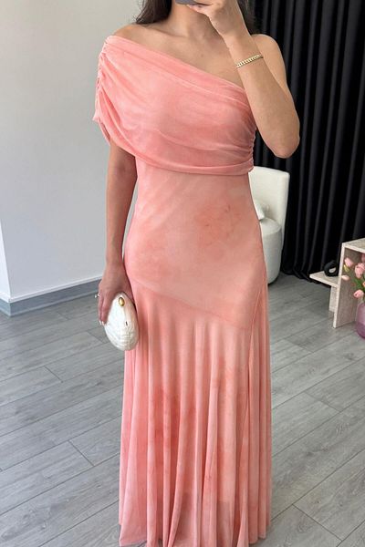 ECEMİ Merlin Salmon One Shoulder Tulle Dress