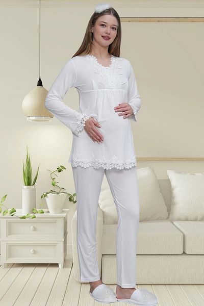 BLACKMORE Women's Ecru Special Lace Design Long Dress Maternity Pregnant 3-Piece Pajama Set