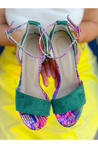 irmona Eliza Emerald Green Suede and Snake Skin Detail Band Heel Shoes Sandals