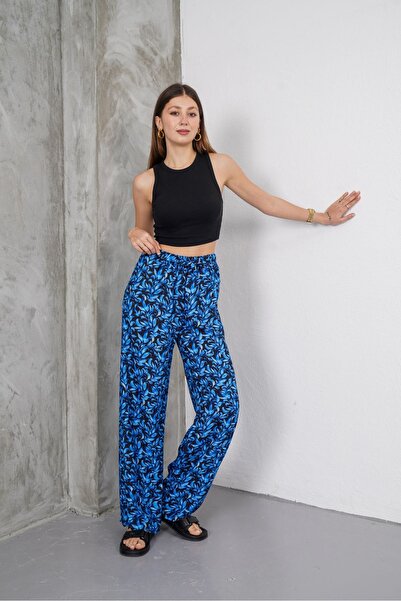 SheLoria Women's Black Blue Lacing Detailed Elastic Waist Relaxed Cut Palazzo...