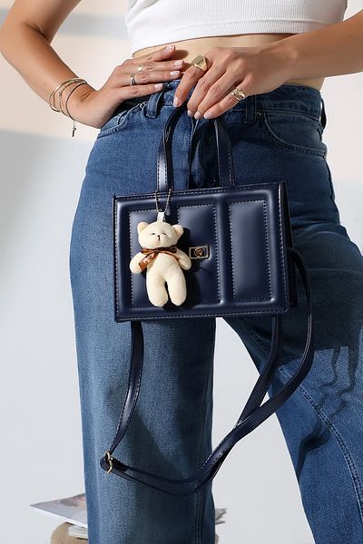 Encool Navy Blue Women's Small Size Box Model Teddy Bear Accessory Cross Strap Shoulder and Hand Bag