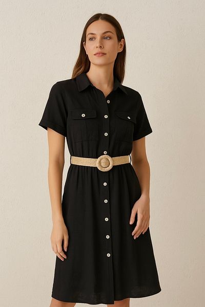 Noi Belis Rochie neagră subțire cu guler polo cu centură SS25EL0046