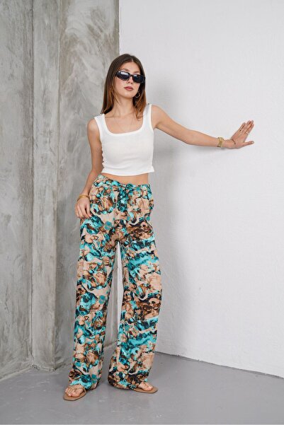 SheLoria Women's Turquoise Beige Lacing Detailed Elastic Waist Comfortable Cu...