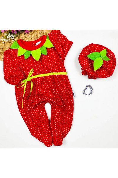 Skygo 3-6-9 Months Strawberry Babies Combed Cotton Fabric Long Sleeve Baby Girl Boy Rompers with Hat and Bracelet Gift Red