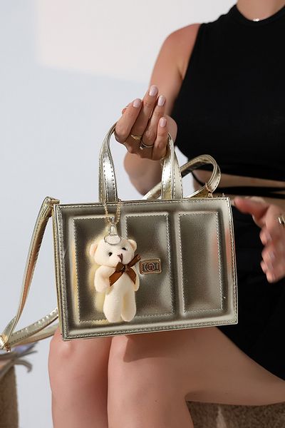 Encool Gold Women's Small Size Box Model Teddy Bear Accessory Cross Strap Shoulder and Hand Bag