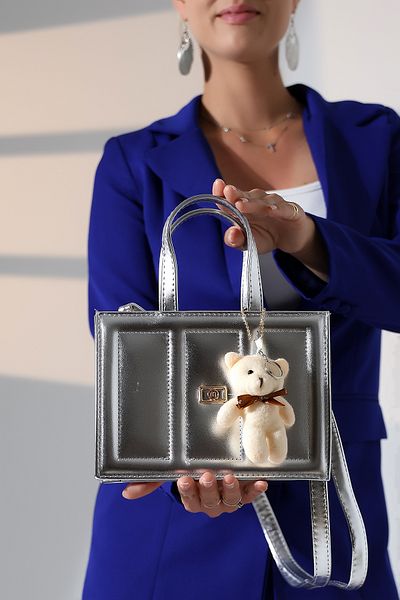 Encool Silver Women's Small Size Box Model Teddy Bear Accessory Cross Strap Shoulder and Hand Bag