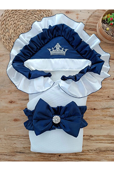 Ecenaz Newborn Mehtap Luxury Butterfly Crown Embroidered Baby Blanket Swaddle Navy Blue
