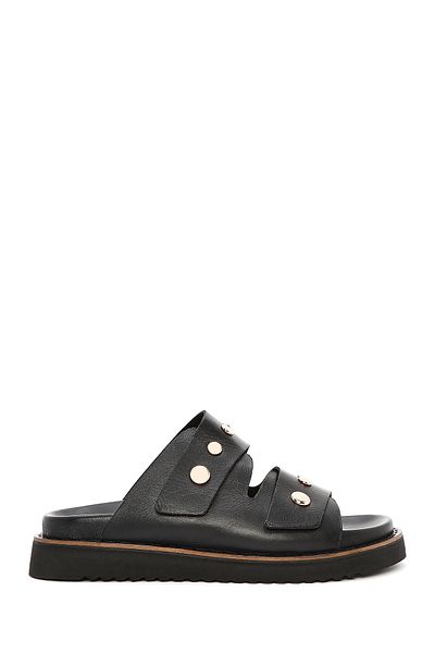Derimod Women's Black Metal Detailed Leather Slippers 25Sfd180818