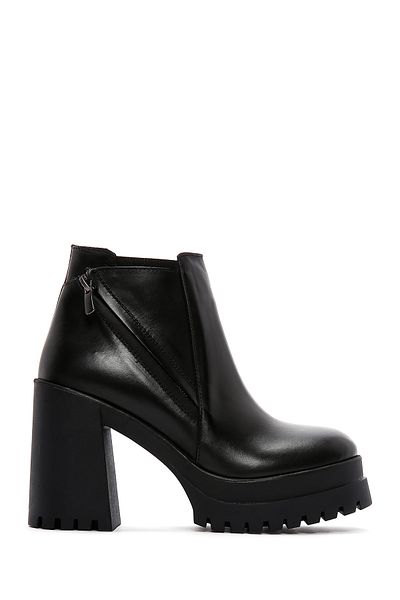 Derimod Women's Black Zippered Thick Heeled Leather Boots 25Wfd182918