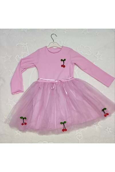 Skygo 5-6-7 Years Cherry Print Ribbon Belted Lined Long Sleeve Girls Kids Tutu Dress Pink