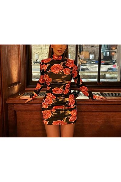 MRA Fashion Women's Turtleneck Rose Printed Deal Product Mini Dress