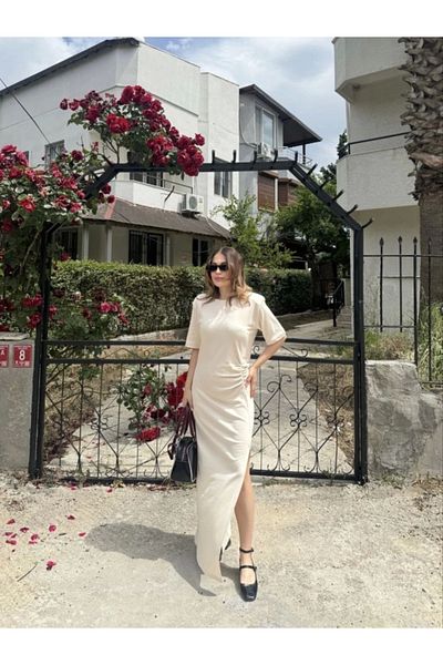 cakır and moniva Short Sleeve Long Side Slit Dress - White