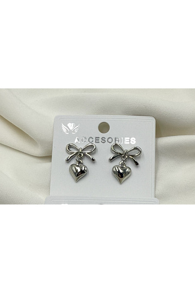 La Clarte Women's Silver Color Bow and Heart Model Earrings – Romantic and Elegant Touch