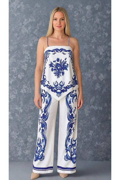 STLB Blue Patterned Ecru Suit with Suspender Blouse and Elastic Waist Trousers