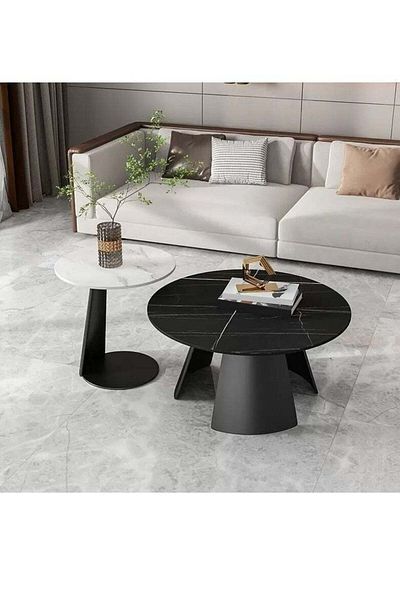 Generic Set of two coffee tables with marble wood and iron - black and white