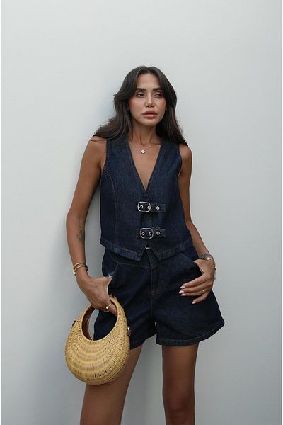 Havoş Dark Navy Blue Belt Detailed Vest Shorts Denim Suit