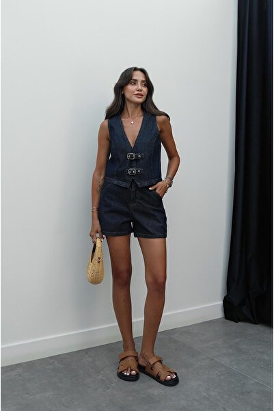 Havoş Sötét sötétkék öv részletes mellény rövidnadrág farmer szett