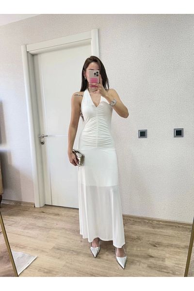 BÜŞRA TEZEL MODA Rochie cu mânecă lungă cu spate decoltat - albă