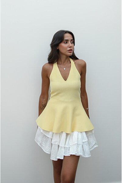 Havoş Yellow Neck Strap Peplum Knitwear Blouse