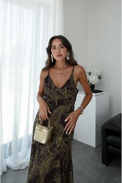 Havoş Bitter Brown Strap Shawl Pattern Chiffon Dress