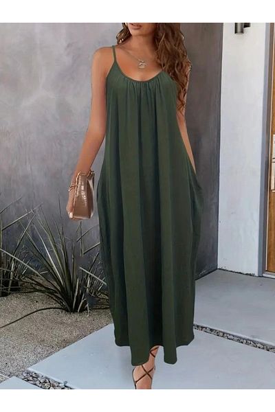 Cbm Women's Rope Strap Wide V-Neck Pocket Viscose Dress