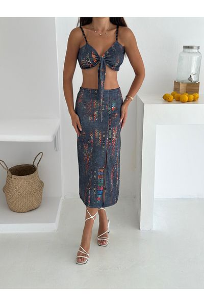 MaxiMor Women's Patterned Lycra Fabric Strap Front Tie Crop and Slit Midi Skirt Set