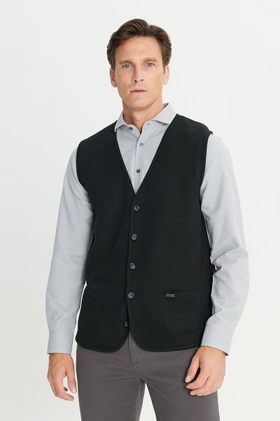 ALTINYILDIZ CLASSICS Men's Black Warm Wool Standard Fit Regular Cut V-Neck Pocket Knitwear Vest