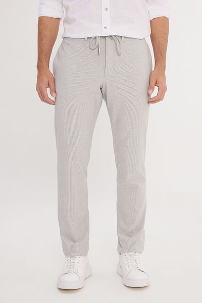 ALTINYILDIZ CLASSICS Men's White-Grey Comfort Fit Relaxed Cut Side Pockets Patterned Elastic Waist Trousers