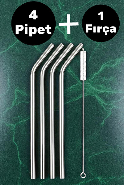 katilus Paslanmaz Çelik Pipet Seti 5 Parça Çelik İçecek Çubuğu Pipet Fırçası