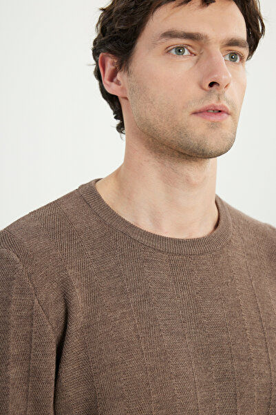 ALTINYILDIZ CLASSICS Ανδρικό πλεκτό πουλόβερ από μαλλί καφέ Standard Fit Regular Cut Crew Neck Jacquard