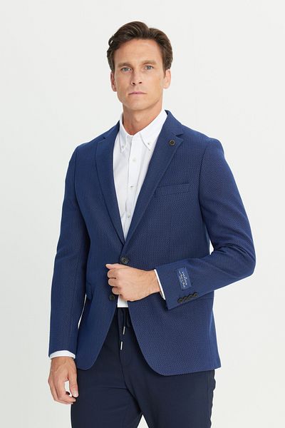 ALTINYILDIZ CLASSICS Men's Navy Blue-White Slim Fit Slim Fit Mono Collar Cotton Patterned Jacket
