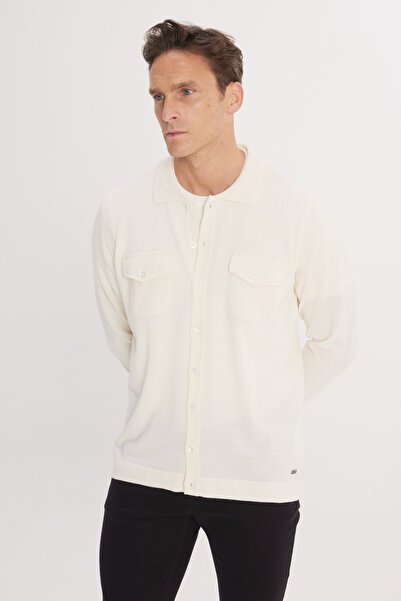 ALTINYILDIZ CLASSICS Men's Ecru Warm Wool Standard Fit Regular Cut Shirt Collar Pocket Knitwear Cardigan