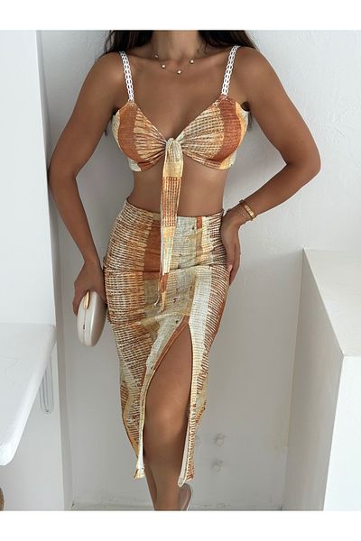 MaxiMor Women's Patterned Lycra Fabric Strap Front Tie Crop and Slit Midi Skirt Set