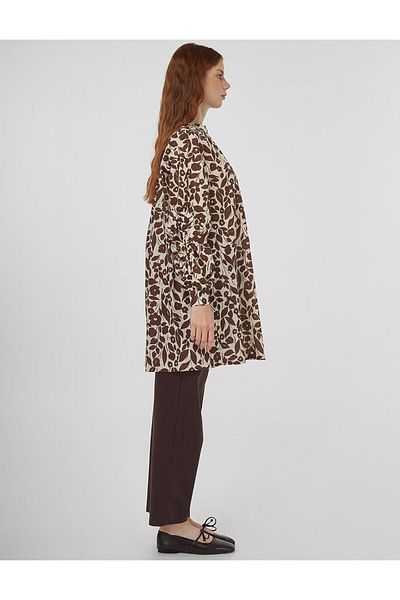 Kayra Floral Pattern Cotton Linen Tunic Dark Brown