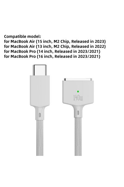 Choice كابل شاحن مغناطيسي أبيض بطول 2 متر من USB Type C إلى Magsafe 3، محول كابل شحن الكمبيوتر المحمول PD 140 واط لأجهزة M