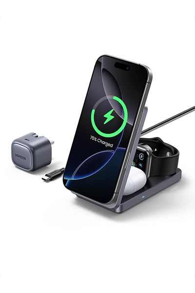 Ugreen MagFlow Qi2 15W Wireless Charger, 3 in 1 Fast Charging Qi2 Certified Charger Stand, Foldable